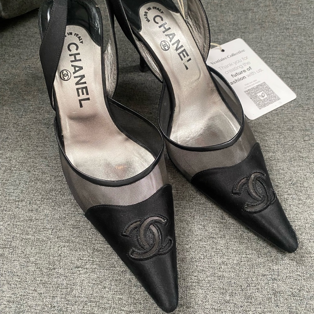RARE authentic Chanel mesh logo slingback heels
